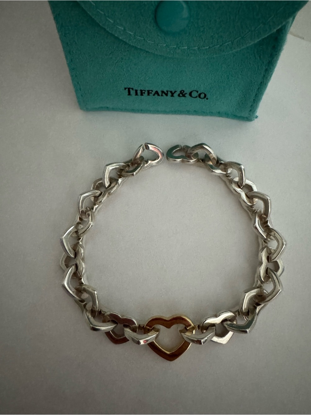 Vintage Tiffany & Co. 2000 Heart Link Bracelet Sterling Silver 18K Gold 7.5